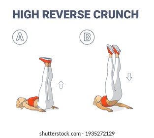 High Reverse Crunch Woman Home Workout Exercise Guide Illustration. Young Athletic Female Silhouettes in Sportswear Top, Leggings, and Sneakers Working on Her Abs.