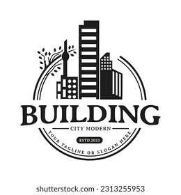 High rise building design inspiration in stamp form, round vintage retro design vector