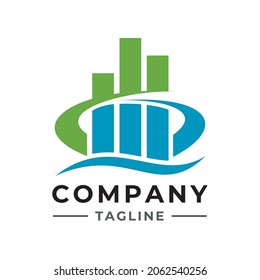 high rise building logo design with illustration of two bridges as a connector and graphic of water flow