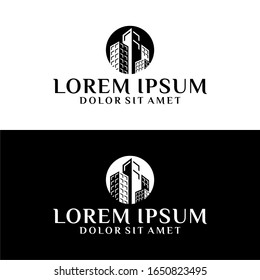 High rise building logo template with apartment and sky view illustration in flat design monogram symbol