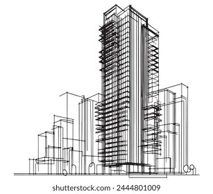 High rise building sketch. Line art