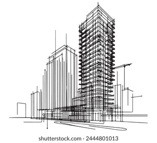 High rise building sketch. Line art