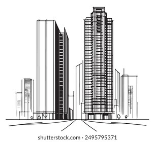 High rise building sketch. Line art