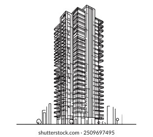 Esboço do edifício do arranha-céus. Arte em linha