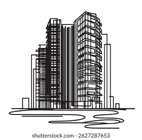 Esboço do edifício do arranha-céus. Arte em linha