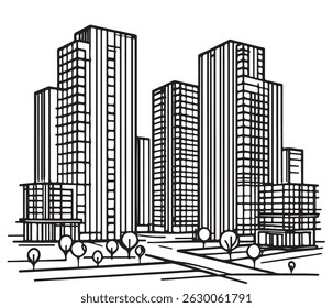 Esboço do edifício do arranha-céus. Arte em linha
