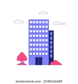 High Rise Building With Trees In Flat Vector Illustration Symbolizing Urban Living, Real Estate Development, And City Architecture, Isolated On White Background.