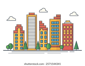 High rise city building or skyscraper with trees and cloud. Urban landscape, real estate, architecture, downtown, urban, residential, office. Flat style vector illustration