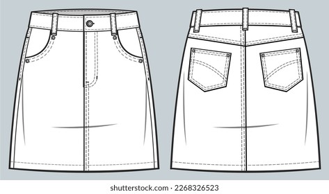 High rise denim skirt fashion technical drawing template with welt and classic pockets, Front zip fly, and top button fastening. denim skirt vector illustration. front and back view. CAD mockup 