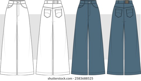 High Rise Flare Jeans fashion flat technical drawing template. Jeans fashion Illustration, front and back view, CAD mockup.