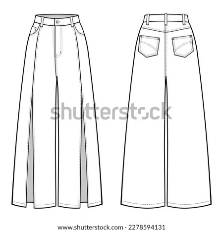 High Rise Front Slit Flare Jeans fashion flat technical drawing template. Flare Jeans technical fashion Illustration, front and back view, white, CAD mockup.