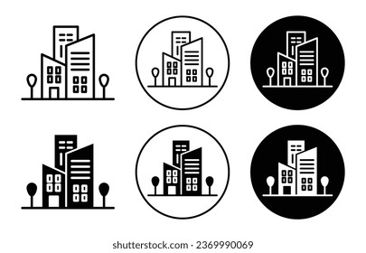 Icono de edificio de Office de alta altitud. conjunto de símbolos de construcción o arquitectura de edificios de oficinas o casas residenciales comerciales. Edificio de empresa o casa corporativa en señal de vector urbano. 