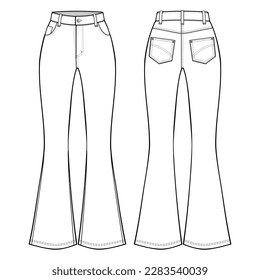 Los Jeans con Trumpet Flare de alta altitud forman una plantilla de dibujo técnico plano. Moda técnica de vaqueros flare Ilustración, vista frontal y trasera, blanco, maquillaje CAD.