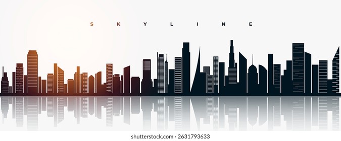 silhueta de construção de horizonte urbano com efeito de reflexão vetor