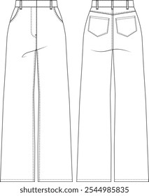 high rise high waist mid rise mid waist wide leg straight denim jean pant trouser template technical drawing flat sketch cad mockup fashion woman design style model 