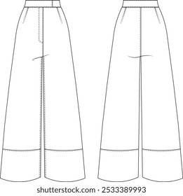 high rise high waist wide leg palazzo pant trouser template technical drawing flat sketch cad