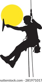 High rise window cleaner rappelling silhouette vector illustration, window, cleaner, worker, rope, rappelling, high-rise, silhouette, black, icon, symbol