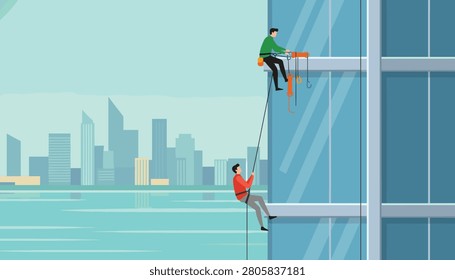 High rise window washers hanging on ropes cleaning the glass facade of a modern skyscraper with city skyline in the background.