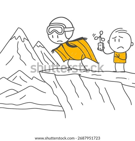 High Risk and Bad Forecast at the Starting Point The Tension of the Brave Figure Preparing for the Jump and the Pessimism of the Supporter Beside Them.