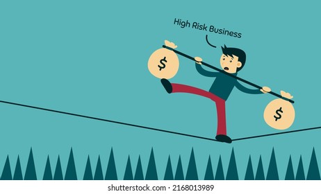 High Risk Business Illustration. Vector illustration of man keeping balance to cross the rope while carrying money.