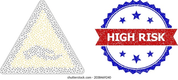 High Risk Corroded Stamp Seal, And Beggar Hand Warning Icon Network Structure. Red And Blue Bicolor Stamp Has High Risk Caption Inside Ribbon And Rosette. Abstract Flat Mesh Beggar Hand Warning,