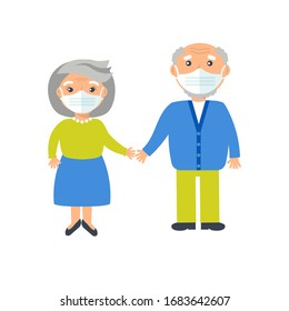 High risk group,elderly people, coronavirus or nCov-2019 virus infection. Female and male cartoon characters holding hands and wearing hygenic face mask for protection on white background.