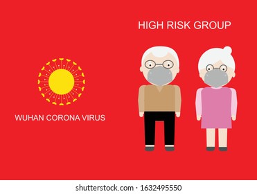 High risk group,elderly people, in Wuhan corona virus or nCov-2019 virus infection. Female and male cartoon characters wearing hygenic face mask n95 for protection on red background.