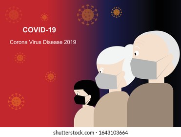 High risk people including elderly and child wearing facial mask preventing outbreak of covid-19 or 2019-nCoV-virus infection. Vector illustration.