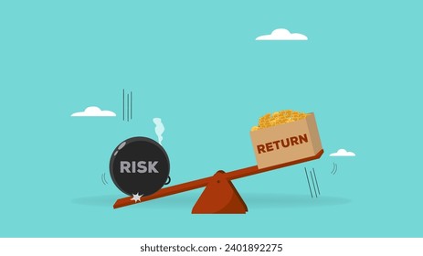 high risk high return business investment concept illustration, investor risk appetite in securities and investment asset to get high reward, The weight on seesaw creates a box of dollar prize money svg