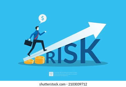 High risk high return concept. Confident smart businessman investor running on grow up stock market graph above word Risk.