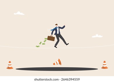 Conceito de alto risco e alto retorno. Investimento em gestão financeira e monetária. Volatilidade no mercado de ações ou criptomoedas. Empresário caminhar na corda bamba através de buraco vetor plana ilustração.