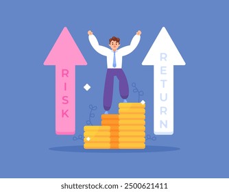 high risk high return concept. ROI or Return on Investment. successfully gain profit. illustration of a businessman happy because get good result from high risk. flat style design. graphic element