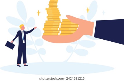 High risk high return, finance manager financial backer holding large hand tight with cash coins. Good accumulation. Big hand showing money. Begin savings to achieve financial goal. Flat vector illust