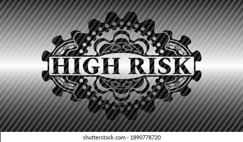 High risk text inside carbon fiber realistic emblem. Polymer texture delicate background. Intense illustration. 