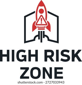 Logotipo conceptual de la zona de alto riesgo con el icono de la exclamación de la nave del cohete y de la advertencia, volatilidad financiera, emprendimiento peligroso del comienzo, y alerta de emergencia