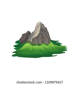 High rocky mountain surrounded with bright green meadow. Natural landscape. Mountaineering or climbing theme. Flat vector design