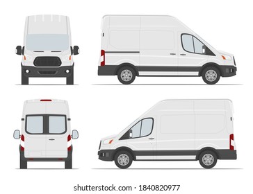 High roof cargo van white color. Side, front, back view. Vector illustration.