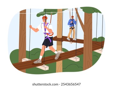 Aventura de curso de corda alta em parque florestal. Homens com arnês andando em ponte suspensa, subindo entre árvores, entretenimento ao ar livre, atividade. Ilustração de vetor plano isolada no plano de fundo branco