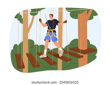 Curso de cordas altas no parque de aventura. Homem suspenso andando em tábuas de madeira, ponte entre troncos de árvores. Atividades recreativas ao ar livre na natureza. Ilustração de vetor plano isolada no plano de fundo branco