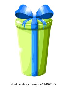 High round gift box with blue bow. Green christmas container. Vector illustration isolated on white background. Website page and mobile app design