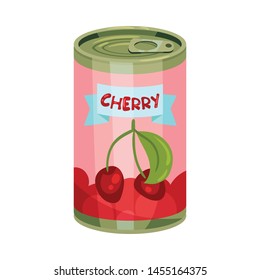 High round tin can with cherries. Vector illustration on white background.