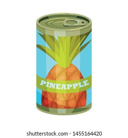 High round tin can with pineapple. Vector illustration on white background.