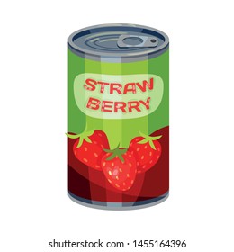 High round tin can with strawberries. Vector illustration on white background.