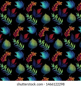 High saturated wallpaper of sophisticated neon tropical plants. Multicolor illustration with green, blue, orange and red flowers on black background. Modern geometric pattern print.