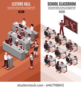 High school 2 vertical isometric banners set with lesson in classroom and lecture in hall isolated vector illustration