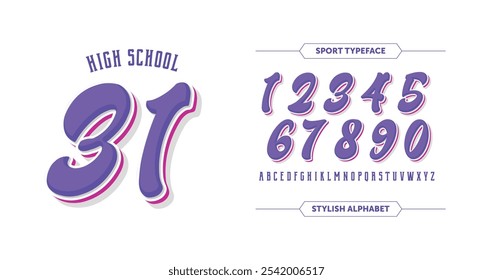 High School 31: Bold number typography set featuring uppercase letters and numbers. Ideal for custom sports jerseys and team apparel with a vintage edge. Vector illustration.