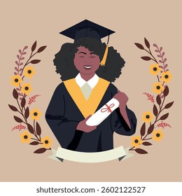 High School african american teen girl with cap and gown. Happy girl holding diploma and celebrating academic achievements with smile. Vector illustration of graduation wreath with space for text.
