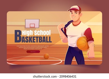 High school basketball cartoon web banner, sportsman in team uniform holding ball on gymnasium background with hoop and markup on wooden floor. Junior college league tournament, Vector illustration