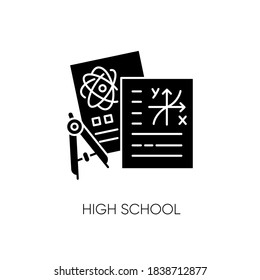 High school black glyph icon. Secondary education, academic subjects, science silhouette symbol on white space. Highschool tests. Physics, geometry homework and dividers vector isolated illustration