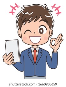 A high school boy in a blazer uniform.He uses a smartphone.